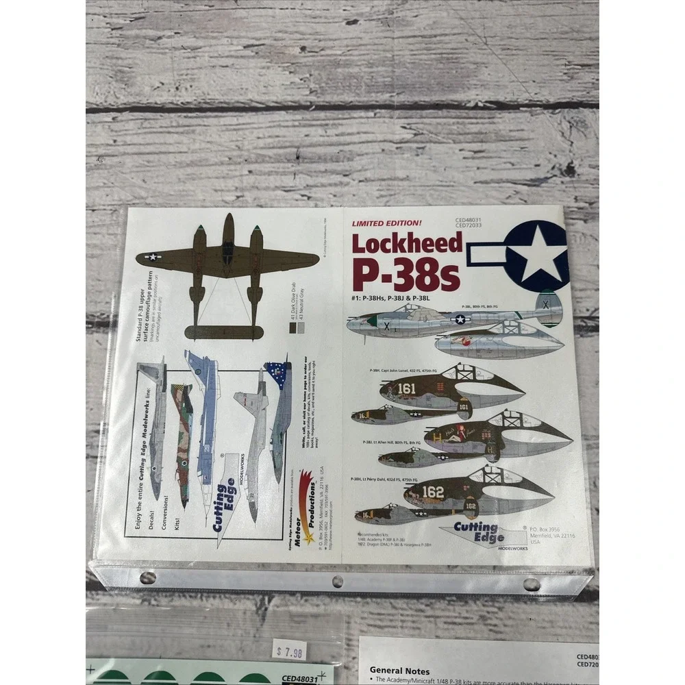1/48 Cutting Edge decals CED48031Lockheed P‑38s #1: P‑38H/J/LP‑38H P‑38J P‑38J+